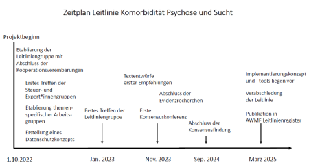 Die Grafik zeigt den Zeitplan von der Entwicklung bis zur Veröffentlichung der Leitlinie Komorbidität Psychose und Sucht.
